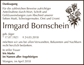 Traueranzeige von Irmgard Bornschein von WVG - Wochenspiegel NMB / WSF / ZTZ