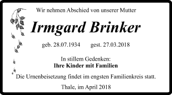 Traueranzeige von Irmgard Brinker von Mitteldeutsche Zeitung Quedlinburg