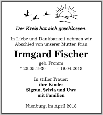 Traueranzeige von Irmgard Fischer von Mitteldeutsche Zeitung Bernburg