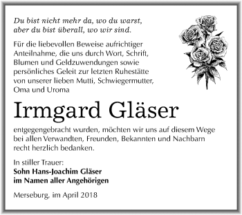 Traueranzeige von Irmgard Gläser von Mitteldeutsche Zeitung
