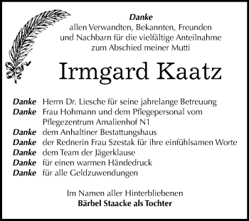 Traueranzeige von Irmgard Kaatz von Mitteldeutsche Zeitung Dessau-Roßlau