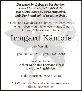 Traueranzeige von Irmgard Kämpfe von Super Sonntag Zeitz
