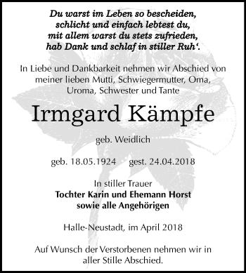 Traueranzeige von Irmgard Kämpfe von Mitteldeutsche Zeitung Zeitz