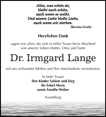 Traueranzeige von Irmgard Lange von Mitteldeutsche Zeitung