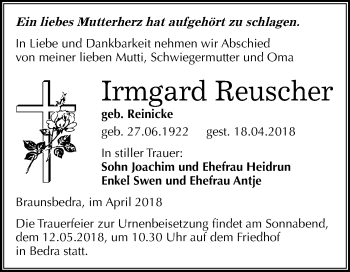 Traueranzeige von Irmgard Reuscher von Mitteldeutsche Zeitung Merseburg/Querfurt