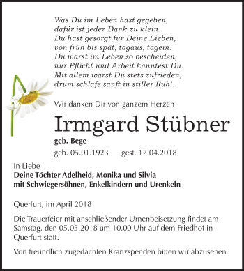 Traueranzeige von Irmgard Stübner von Mitteldeutsche Zeitung Merseburg/Querfurt