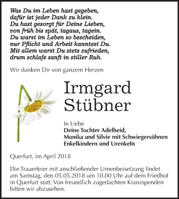 Traueranzeige von Irmgard Stübner von Mitteldeutsche Zeitung Merseburg/Querfurt