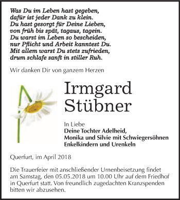 Traueranzeige von Irmgard Stübner von WVG - Wochenspiegel Merseburg
