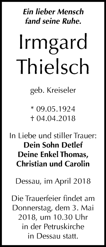 Traueranzeige von Irmgard Thielsch von Mitteldeutsche Zeitung Dessau-Roßlau