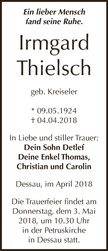 Traueranzeige von Irmgard Thielsch von WVG - Wochenspiegel Dessau / Köthen