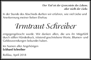 Traueranzeige von Irmtraut Schreiber von Mitteldeutsche Zeitung Dessau-Roßlau