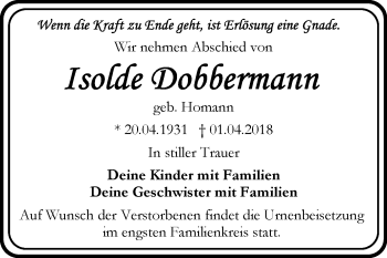 Traueranzeige von Isolde Dobbermann von Mitteldeutsche Zeitung Bitterfeld