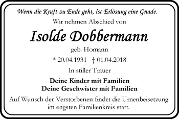 Traueranzeige von Isolde Dobbermann von WVG - Wochenspiegel Bitterfeld
