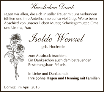 Traueranzeige von Isolde Wenzel von Super Sonntag Zeitz