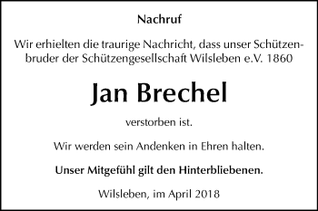 Traueranzeige von Jan Brechel von Mitteldeutsche Zeitung Aschersleben