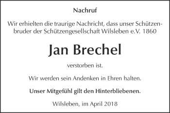 Traueranzeige von Jan Brechet von Super Sonntag Aschersleben