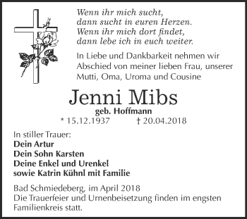 Traueranzeige von Jenni Mibs von WVG - Wochenspiegel Wittenberg
