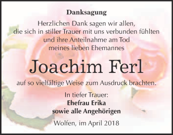 Traueranzeige von Joachim Ferl von WVG - Wochenspiegel Bitterfeld