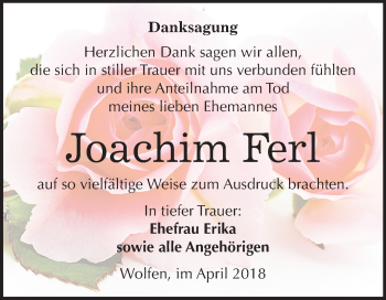Traueranzeige von Joachim Ferl von Mitteldeutsche Zeitung Bitterfeld
