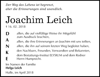Traueranzeige von Joachim Leich von Mitteldeutsche Zeitung Halle/Saalkreis