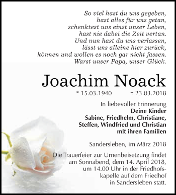 Traueranzeige von Joachim Noack von Wochenspiegel Mansfelder Land