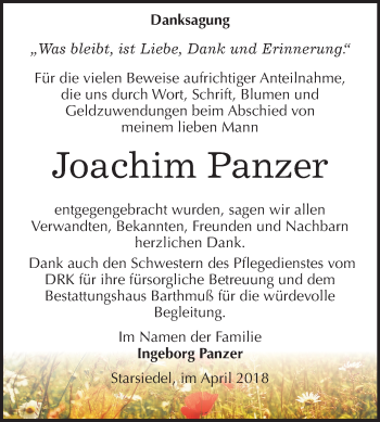 Traueranzeige von Joachim Panzer von Mitteldeutsche Zeitung Weißenfels