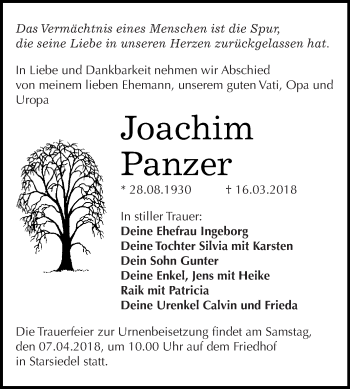 Traueranzeige von Joachim Panzer von WVG - Wochenspiegel NMB / WSF / ZTZ