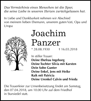 Traueranzeige von Joachim Panzer von Mitteldeutsche Zeitung Weißenfels