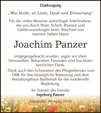 Traueranzeige von Joachim Panzer von WVG - Wochenspiegel NMB / WSF / ZTZ