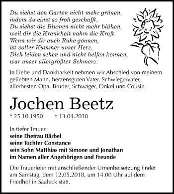 Traueranzeige von Jochen Beetz von Mitteldeutsche Zeitung