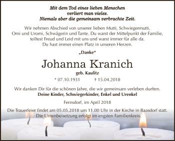 Traueranzeige von Johanna Kranich von WVG - Wochenspiegel Dessau / Köthen