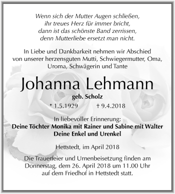 Traueranzeige von Johanna Lehmann von Mitteldeutsche Zeitung