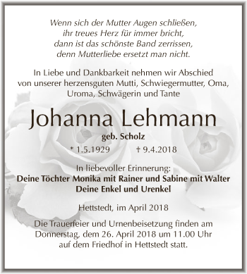 Traueranzeige von Johanna Lehmann von Super Sonntag SGH Mansf. Land