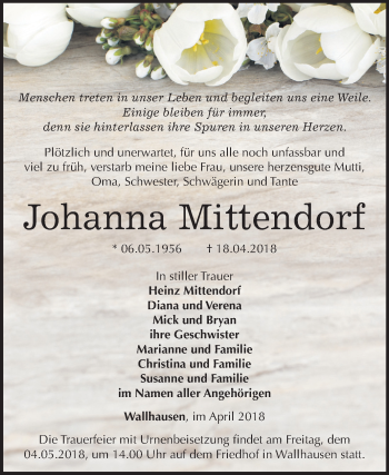 Traueranzeige von Johanna Mittendorf von Mitteldeutsche Zeitung