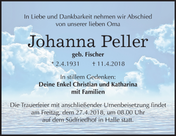 Traueranzeige von Johanna Peller von Mitteldeutsche Zeitung Halle/Saalkreis