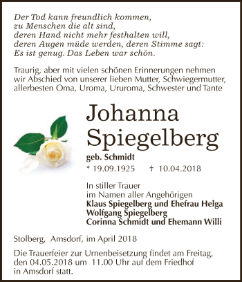 Traueranzeige von Johanna Spiegelberg von WVG - Wochenspiegel SGH