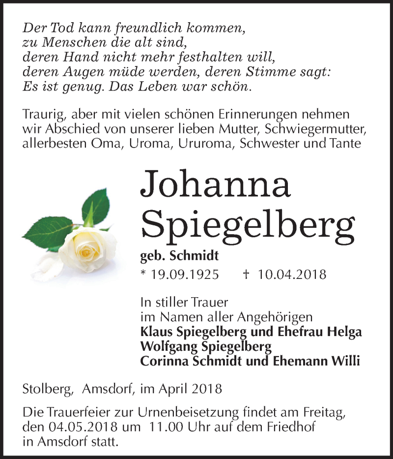  Traueranzeige für Johanna Spiegelberg vom 25.04.2018 aus Mitteldeutsche Zeitung Sangerhausen