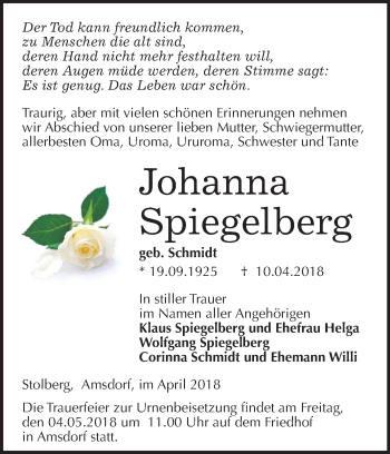 Traueranzeige von Johanna Spiegelberg von Mitteldeutsche Zeitung