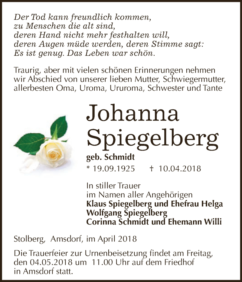  Traueranzeige für Johanna Spiegelberg vom 25.04.2018 aus Wochenspiegel Mansfelder Land