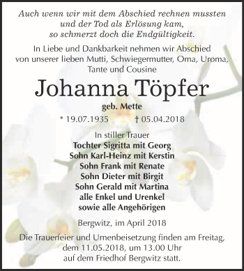Traueranzeige von Johanna Töpfer von WVG - Wochenspiegel Wittenberg