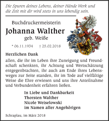 Traueranzeige von Johanna Walther von Mitteldeutsche Zeitung