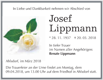Traueranzeige von Josef Lippmann von Wochenspiegel Mansfelder Land