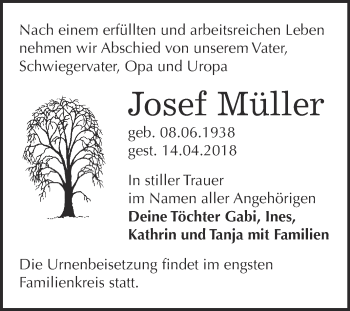 Traueranzeige von Josef Müller von Super Sonntag Wittenberg