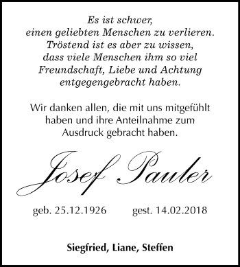 Traueranzeige von Josef Pauler von Mitteldeutsche Zeitung Aschersleben