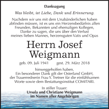 Traueranzeige von Josef Weigmann von Mitteldeutsche Zeitung Weißenfels