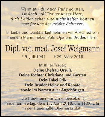 Traueranzeige von Josef Weigmann von WVG - Wochenspiegel NMB / WSF / ZTZ