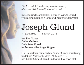 Traueranzeige von Joseph Glund von WVG - Wochenspiegel Wittenberg