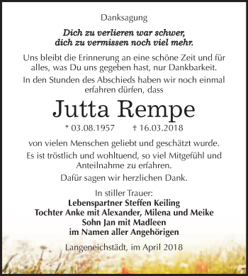 Traueranzeige von Jutta Rempe von WVG - Wochenspiegel Merseburg
