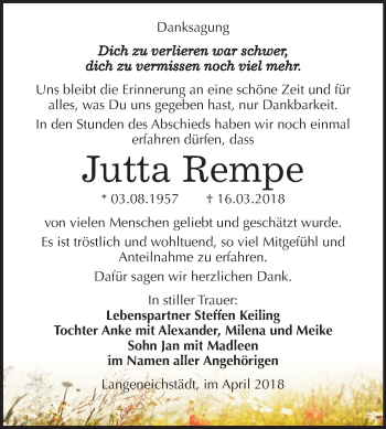 Traueranzeige von Jutta Rempe von Mitteldeutsche Zeitung Merseburg/Querfurt