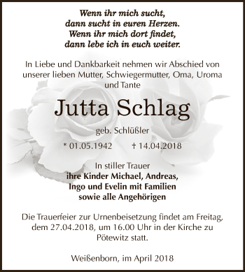 Traueranzeige von Jutta Schlag von Super Sonntag Zeitz